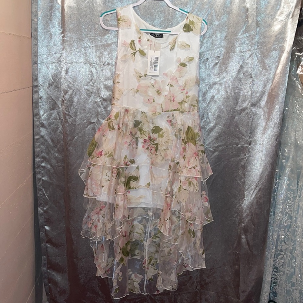 Sucrefas Beige & Green Floral Hi-Neck Tea-Length Vintage Fit & Flare Size 10